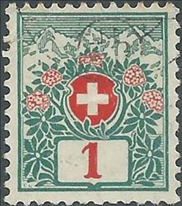Stamp, Alpine roses and mountain landscape, Switzerland,  , Flowers, Mountains, Numbers, Plants (Flora)