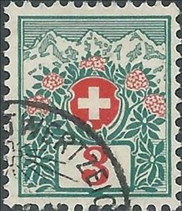 Stamp, Alpine roses and mountain landscape, Switzerland,  , Flowers, Mountains, Numbers, Plants (Flora)