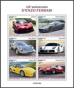 Mini Sheet, 125th Anniversary of the Birth of Enzo Ferrari, Central African Republic,  , Anniversaries and Jubilees, The Automobile Industry