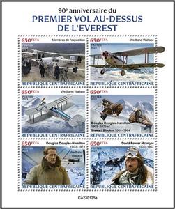 Mini Sheet, 90th Anniversary of the First Flight Over Everest, Central African Republic,  , Aircraft, Anniversaries and Jubilees