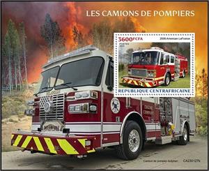 Souvenir Sheet, American LaFrance, Central African Republic,  , Fire-brigade, Vehicles