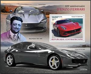 Souvenir Sheet, Ferrari F12 Berlinetta, Central African Republic,  , Anniversaries and Jubilees, The Automobile Industry