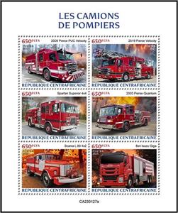 Mini Sheet, Fire Trucks, Central African Republic,  , Fire-brigade, Vehicles