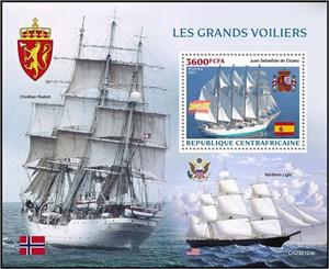 Souvenir Sheet, Juan Sebastián de Elcano, Central African Republic,  , Sailing Ships