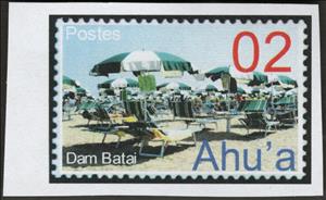 Stamp, Dam Batai Umbrella Beach scene - Ahu'a, Fantasy Issues,  , Beaches, Tourism, Umbrellas