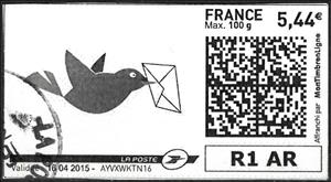 Stamp, Bird with Letter 3, France,  , Birds, Letters (Mail), Stylized Animals