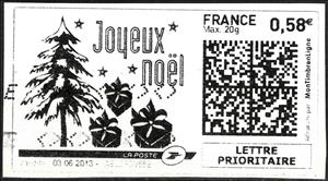 Stamp, Joyous Christmas/Joyeux Noel. Chritsmas tree and presents, France,  , Christmas, Presents / Gifts, Trees