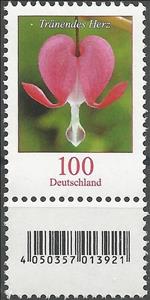Stamp with Attached Label, Bleeding Heart (Lamprocapnos spectabilis), Germany, Federal Republic,  , Flowers, Plants (Flora)
