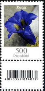 Stamp with Attached Label, Stemless Gentian (Gentiana acaulis), Germany, Federal Republic,  , Flowers, Plants (Flora)