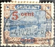 Stamp, River traffic, Saarbrucken / surcharge(R) 5c on 25pf, Germany, Saarland,  , Landscapes, Rivers, Ships