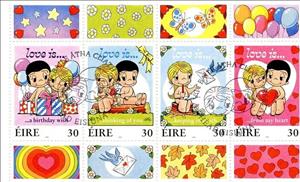 Booklet Pane, Booklet pane 1, Ireland,  , Air Balloons, Greetings, Hearts, Letters (Mail), Love, Pigeons, Presents / Gifts, Roses