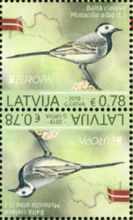 Tete-Beche, Europa - National Bird - White Wagtail (Motacilla alba), Latvia,  , Animals (Fauna), Birds, C.E.P.T. / Europe, Flags, Maps
