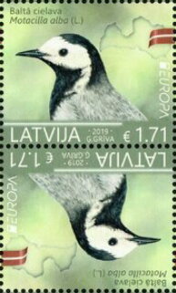 Tete-Beche, Europa - National Bird - White Wagtail (Motacilla alba), Latvia,  , Animals (Fauna), Birds, C.E.P.T. / Europe, Flags, Maps