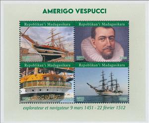 Mini Sheet, Amerigo Vespucci Explorer, Madagascar,  , Explorers, Famous People, Sailing Ships