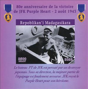 Souvenir Sheet, John F. Kennedy Purple Heart 80th Anniversary, Madagascar,  , Famous People, Heads of State, Medals and Marks of Honour, Politicians