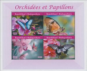 Mini Sheet, Orchids and Butterflies, Madagascar,  , Animals (Fauna), Butterflies, Flowers, Insects, Orchids