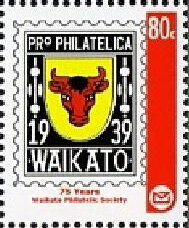 Stamp, 75th Anniversary Waikato Philatelic Society, New Zealand,  , Animals (Fauna), Anniversaries and Jubilees, Bulls and Cows, Clubs of Stamp Collectors, Logos, Stamps