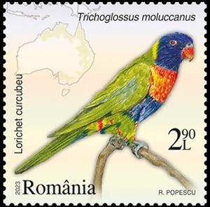 Stamp, Multicolored Lorikeet ( Trichoglossus moluccanus), Romania,  , Animals (Fauna), Birds, Maps, Parrots