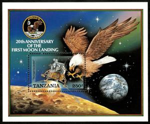 Souvenir Sheet, Apollo 11 Lunar Module, Tanzania,  , Anniversaries and Jubilees, Eagles, Moon Landing, Outer Space, Spacecrafts