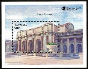 Souvenir Sheet, Union Station, Washington, Tanzania,  , Architecture, Buildings, Philatelic Exhibitions, Railways, Stations