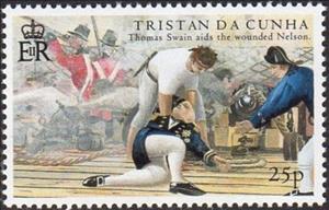 Stamp, Thomas Swain Aids the Wounded Nelson, Tristan da Cunha,  , Admirals, Anniversaries and Jubilees, Famous People, Naval Battles