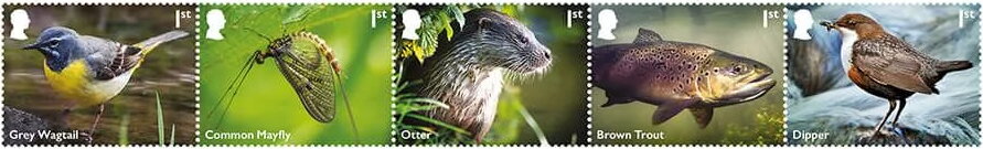Se-tenant, River Wildlife (Reprint), United Kingdom of Great Britain & Northern Ireland,  , Birds, Fishes, Insects, Rodents