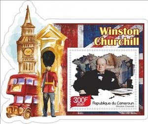 Souvenir Sheet, Great People Winston Churchill, Cameroun,  , Authors, Famous People, Literary People (Poets and Writers), Literature, Nobel Laureates, Painters, Politicians