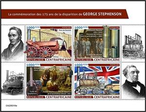 Mini Sheet, 175th Anniversary of the Death of George Stephenson, Central African Republic,  , Anniversaries and Jubilees, Famous People, Изобретатели, Locomotives, Railways