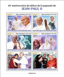 Mini Sheet, 45th Anniv. of the Beginning of the Papacy of John Paul II, Central African Republic,  , Popes, Religion