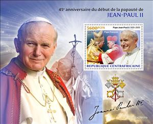 Souvenir Sheet, 45th Anniv. of the Beginning of the Papacy of John Paul II, Central African Republic,  , Popes, Religion