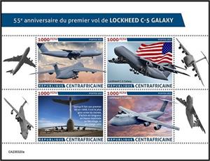 Mini Sheet, 55th Anniversary of the First Flight of Lockheed C-5 Galaxy, Central African Republic,  , Air Forces, Aircraft, Anniversaries and Jubilees, Aviation