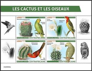 Mini Sheet, Cactus and Birds, Central African Republic,  , Animals (Fauna), Birds, Cacti, Plants (Flora)