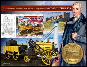 Souvenir Sheet, George Stephenson (1781–1848), Central African Republic,  , Anniversaries and Jubilees, Famous People, Изобретатели, Locomotives, Railways