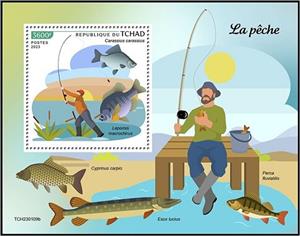 Souvenir Sheet, Lepomis macrochirus/Carassius carassius, Chad,  , Angling, Animals (Fauna), Fishes, Sea Life