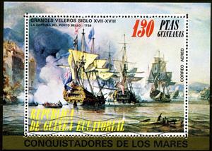 Souvenir Sheet, The capture of Porto Bello, Equatorial Guinea,  , Ships, Military Forces, Paintings, Art, Battle, Navies, Sailing Ships, Warships