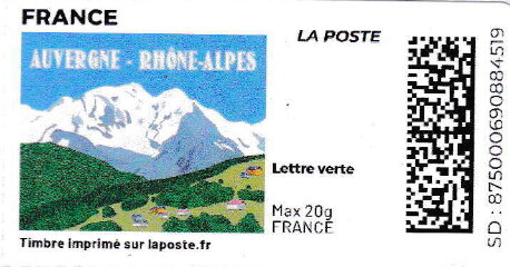 Stamp, Auvergne Rhone Alpes. Redesign. without laposte logo, France,  , Landscapes, Mountains