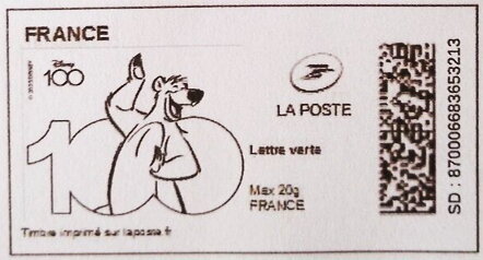 Stamp, Disney 100 years Baloo, France,  , Anniversaries and Jubilees, Cartoons, Disney