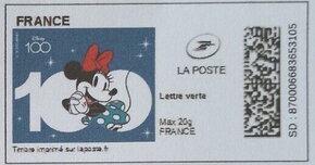 Stamp, Disney 100 years Minnie, France,  , Anniversaries and Jubilees, Cartoons, Disney