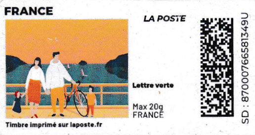 Stamp, Family on the Sea Front. Redesign without laposte logo, France,  , Bicycles, Coastal Areas, Cycling