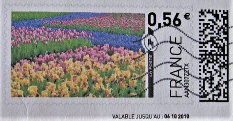 Stamp, Field of pink and yellow tulips, France,  , Flowers, Plants (Flora), Tulips