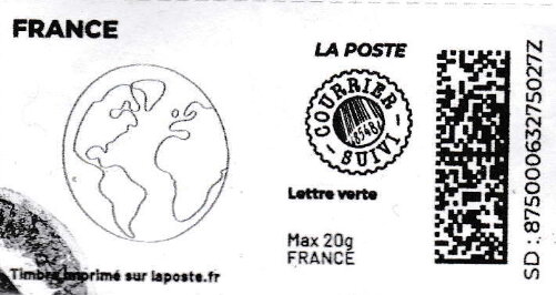 Stamp, Globe/Earth. Line Drawing. Redesign. No logo. Courrier Suivi, France,  , Globes