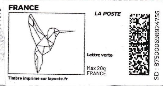 Stamp, Humming Bird. Redesign without laposte logo, France,  , Birds, Hummingbirds