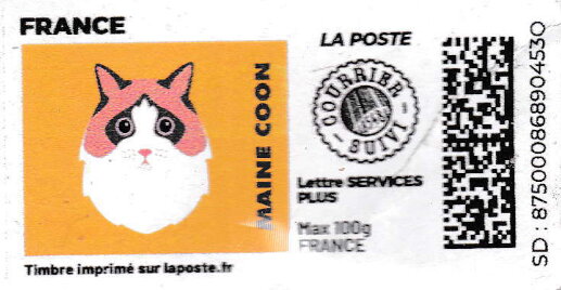 Stamp, Maine Coon. Redesign. Courrier Suivi, France,  , Animals (Fauna), Cats, Mammals