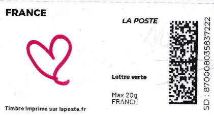 Stamp, Red Heart outline, France,  , Hearts