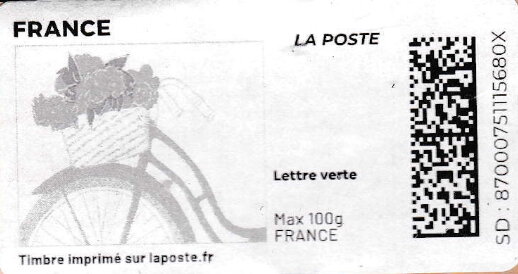 Stamp, Spring. Bicycle with a basket of flowers. Redesign no logo, France,  , Bicycles, Flowers, Spring