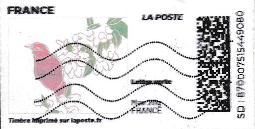 Stamp, Spring. Pink Bird and White Flowers. Redesign without logo, France,  , Birds, Flowers, Spring