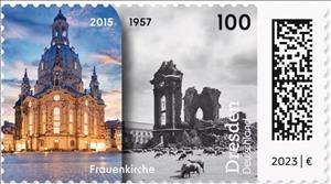 Stamp, Frauenkirche, Dresden in 1957 and 2015, Germany, Federal Republic,  , Animals (Fauna), Buildings, Churches - Cathedrals - Basilicas - Chapels, Mammals, Sheep