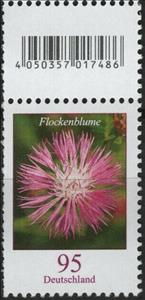 Stamp with Attached Label, Starthistle (Centaurea sp.), Germany, Federal Republic,  , Flowers, Plants (Flora)