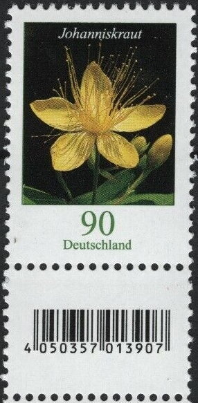 Stamp with Attached Label, Stinking Tutsan (Hypericum hircinum), Germany, Federal Republic,  , Flowers, Plants (Flora)