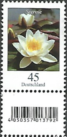 Stamp with Attached Label, White Water-lily (Nymphaea alba), Germany, Federal Republic,  , Flowers, Plants (Flora)